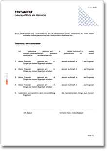 Testament mit dem Lebensgefährten als Alleinerbe • DE Testament Download